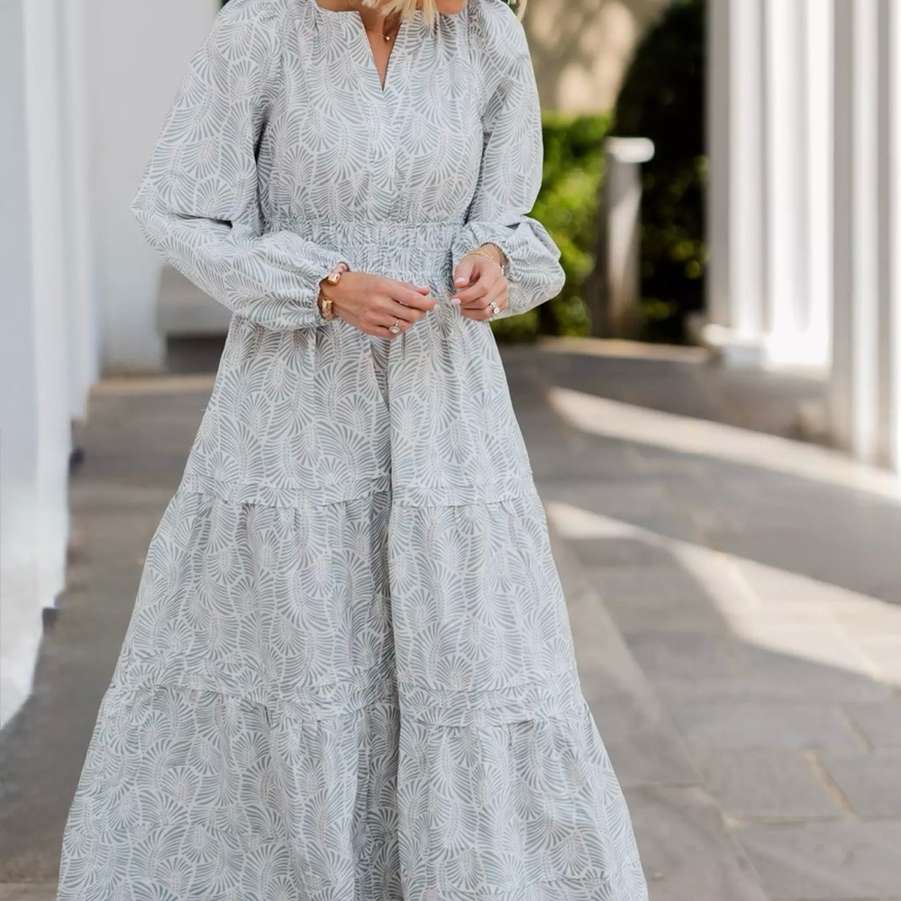 Anthropologie Gray and White Ruffled Tiered Maxi Dress